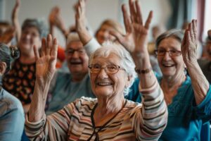Caregiver helps an older resident wash hands in a bright assisted living bathroom.